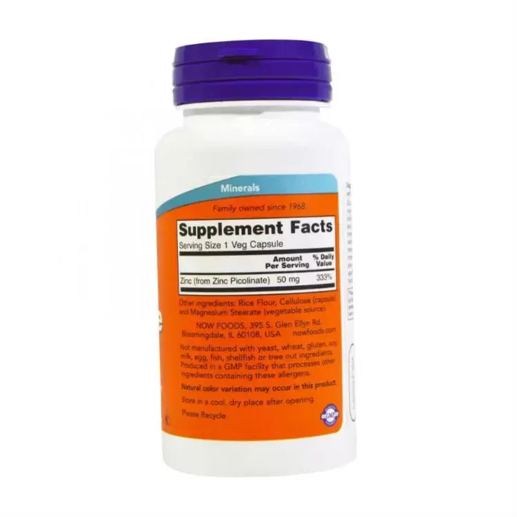Витамины NOW Цинк пиколинат для здоровья всего организма, 50 мг, 60 шт в Самаре